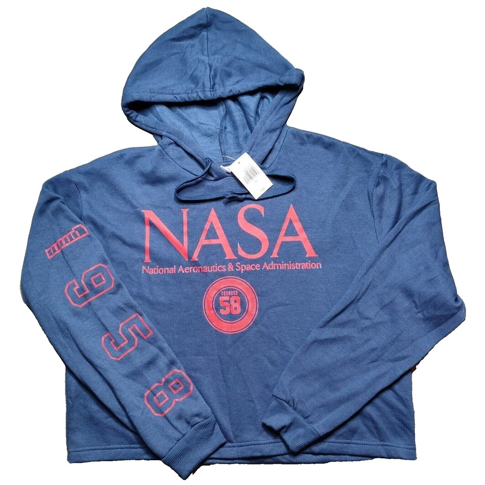 NASA Women XL Founded 1958 Blue Cropped Lightweight Pullover Hoodie NEW